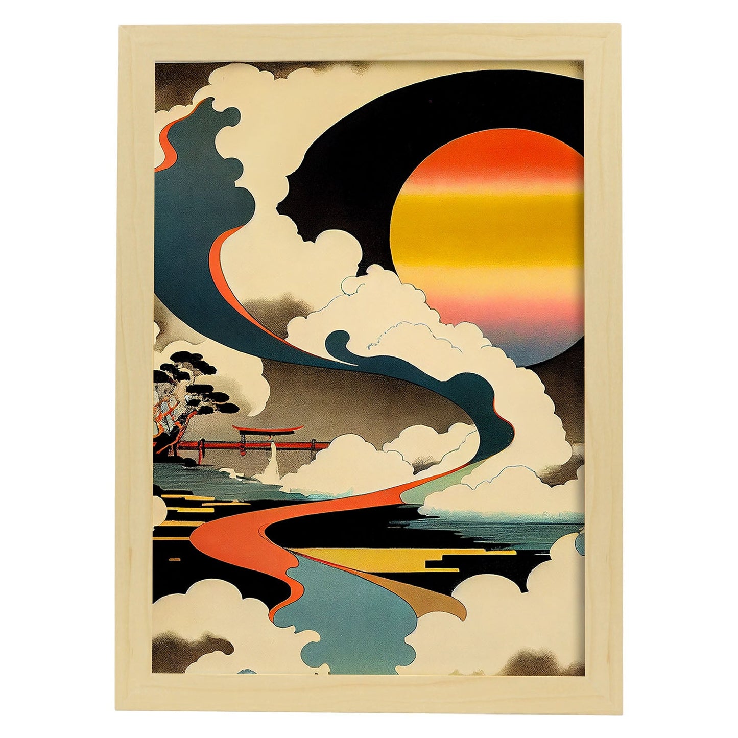 Nacnic Abstract Surreal Ukiyo 7. estampados de arte estético de pared para el diseño de dormitorio o sala de estar.-Artwork-Nacnic-A4-Marco Madera clara-Nacnic Estudio SL