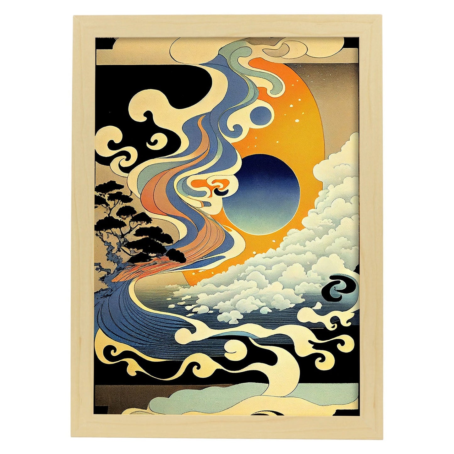 Nacnic Abstract Surreal Ukiyo 9. estampados de arte estético de pared para el diseño de dormitorio o sala de estar.-Artwork-Nacnic-A4-Marco Madera clara-Nacnic Estudio SL