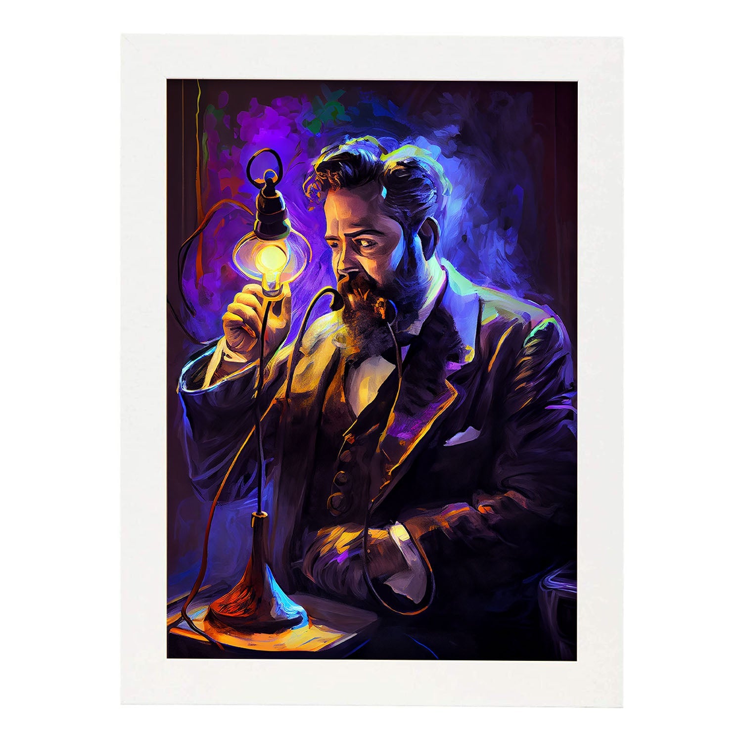 Nacnic Alexander Graham Bell inventando el teléfono Pixar. Estampados de arte de pared estético para el diseño de dormitorio o sala de estar.-Artwork-Nacnic-A4-Marco Blanco-Nacnic Estudio SL