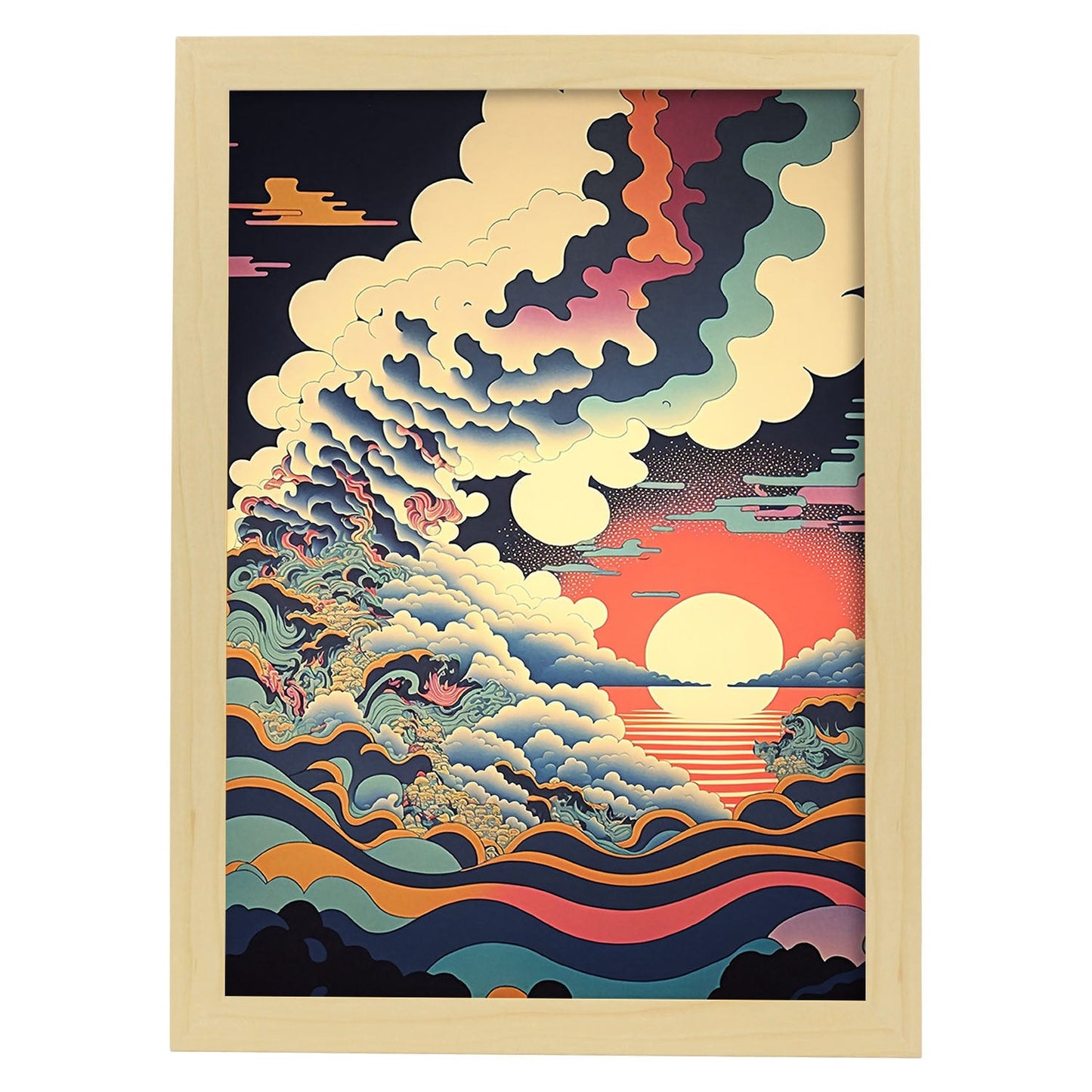 Nacnic altamente detallado geométrico psicodélico ukiyo 8. estampados de arte estético de pared para el diseño de dormitorio o sala de estar.-Artwork-Nacnic-A4-Marco Madera clara-Nacnic Estudio SL