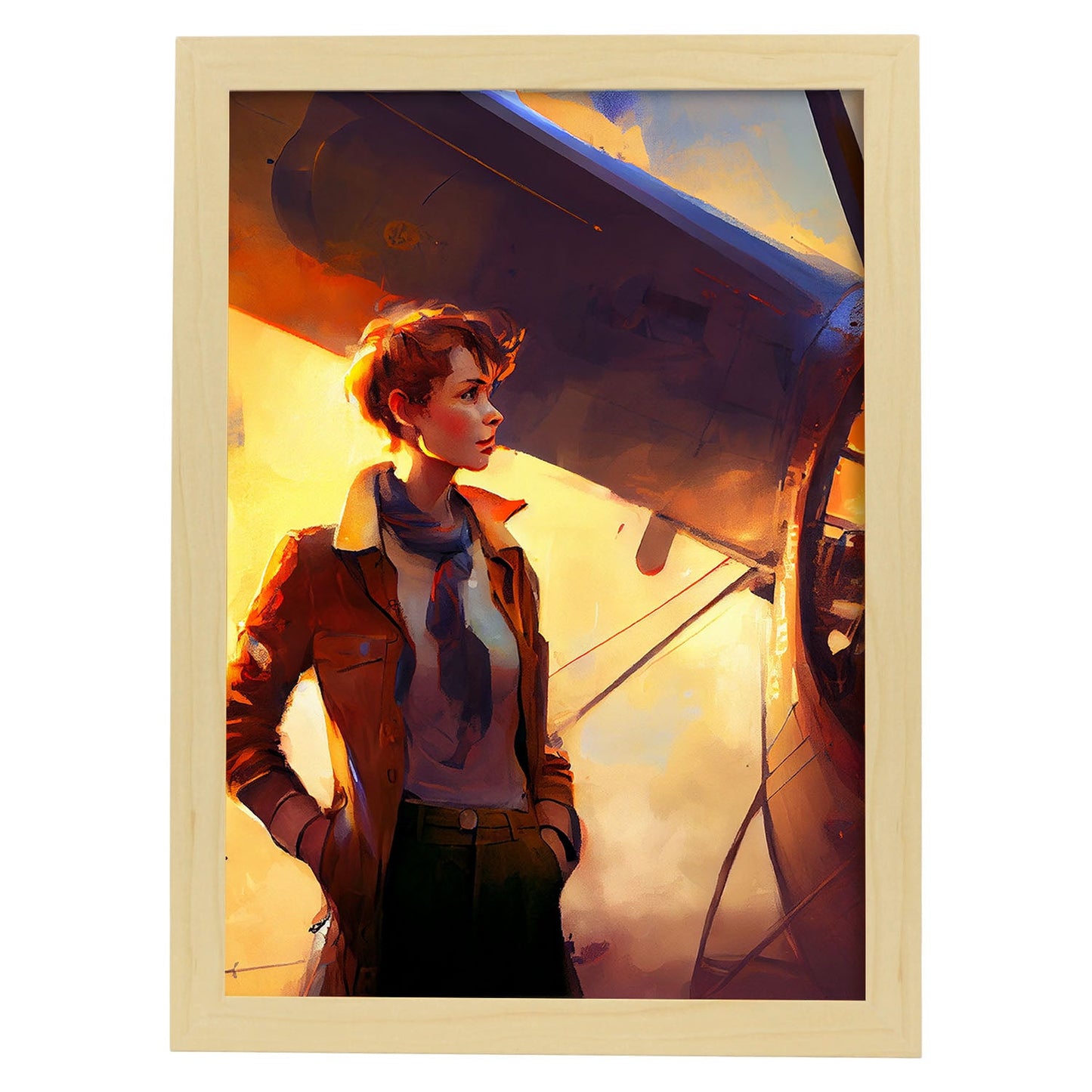 Nacnic Amelia Earhart de pie cerca de un estilo de Pixar liso. Estampados de arte de pared estético para el diseño de dormitorio o sala de estar.-Artwork-Nacnic-A4-Marco Madera clara-Nacnic Estudio SL