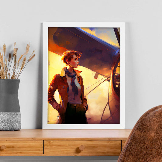 Nacnic Amelia Earhart de pie cerca de un estilo de Pixar liso. Estampados de arte de pared estético para el diseño de dormitorio o sala de estar.-Artwork-Nacnic-Nacnic Estudio SL