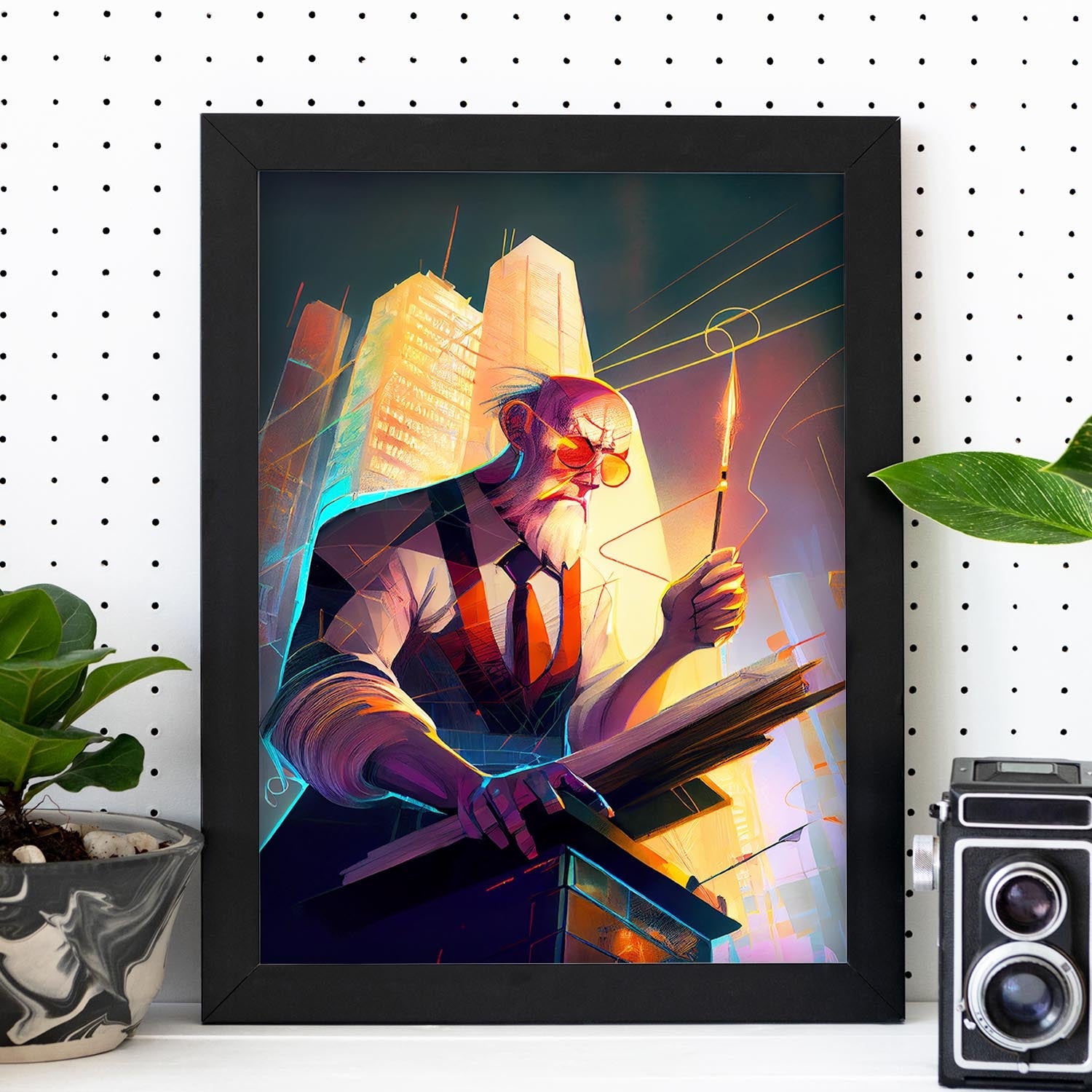 Nacnic Archimedes planificando una dinámica de estilo Pixar de rascacielos. Estampados de arte de pared estético para el diseño de dormitorio o sala de estar.-Artwork-Nacnic-Nacnic Estudio SL
