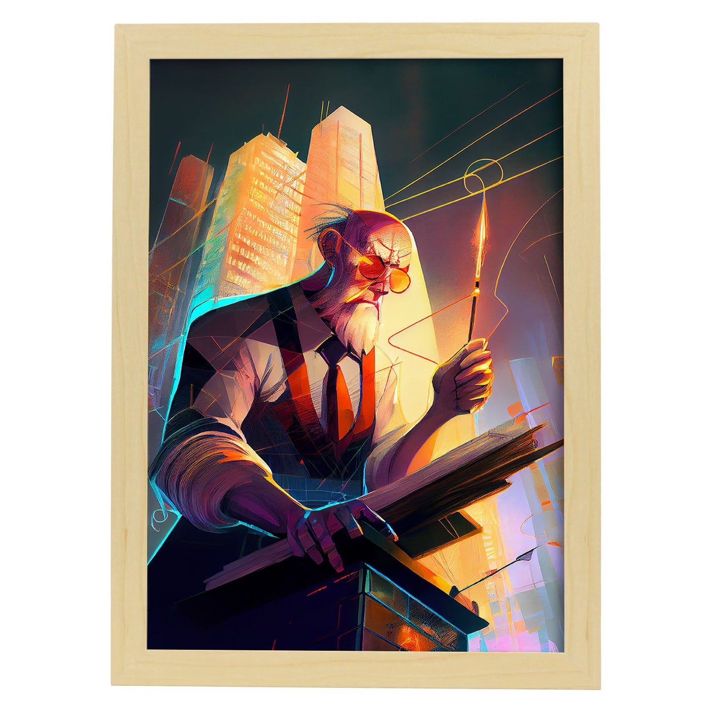 Nacnic Archimedes planificando una dinámica de estilo Pixar de rascacielos. Estampados de arte de pared estético para el diseño de dormitorio o sala de estar.-Artwork-Nacnic-A4-Marco Madera clara-Nacnic Estudio SL