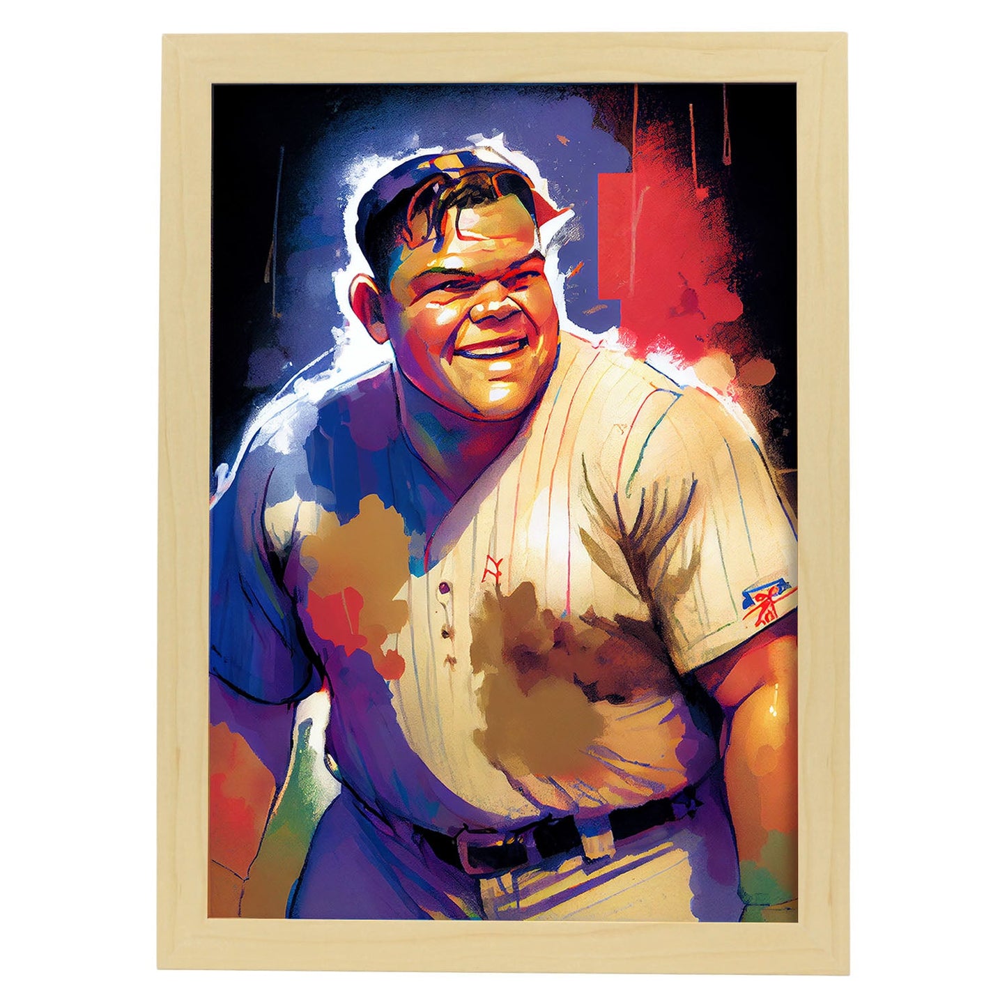 Nacnic Babe Ruth sonriendo Pixar Style Dynamic Figurs Drawing. Estampados de arte de pared estético para el diseño de dormitorio o sala de estar.-Artwork-Nacnic-A4-Marco Madera clara-Nacnic Estudio SL