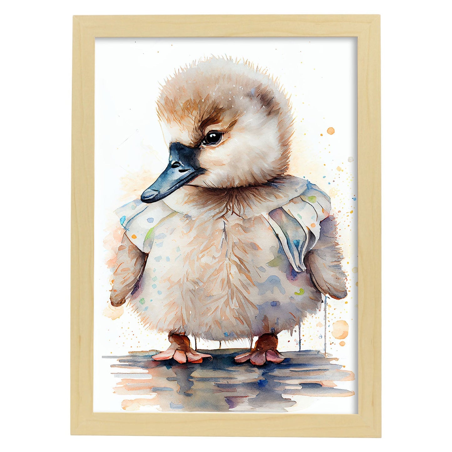 Nacnic baby cygnet sobre fondo blanco sonriendo con algo. Estampados de arte de pared estético para el diseño de dormitorio o sala de estar.-Artwork-Nacnic-A4-Marco Madera clara-Nacnic Estudio SL
