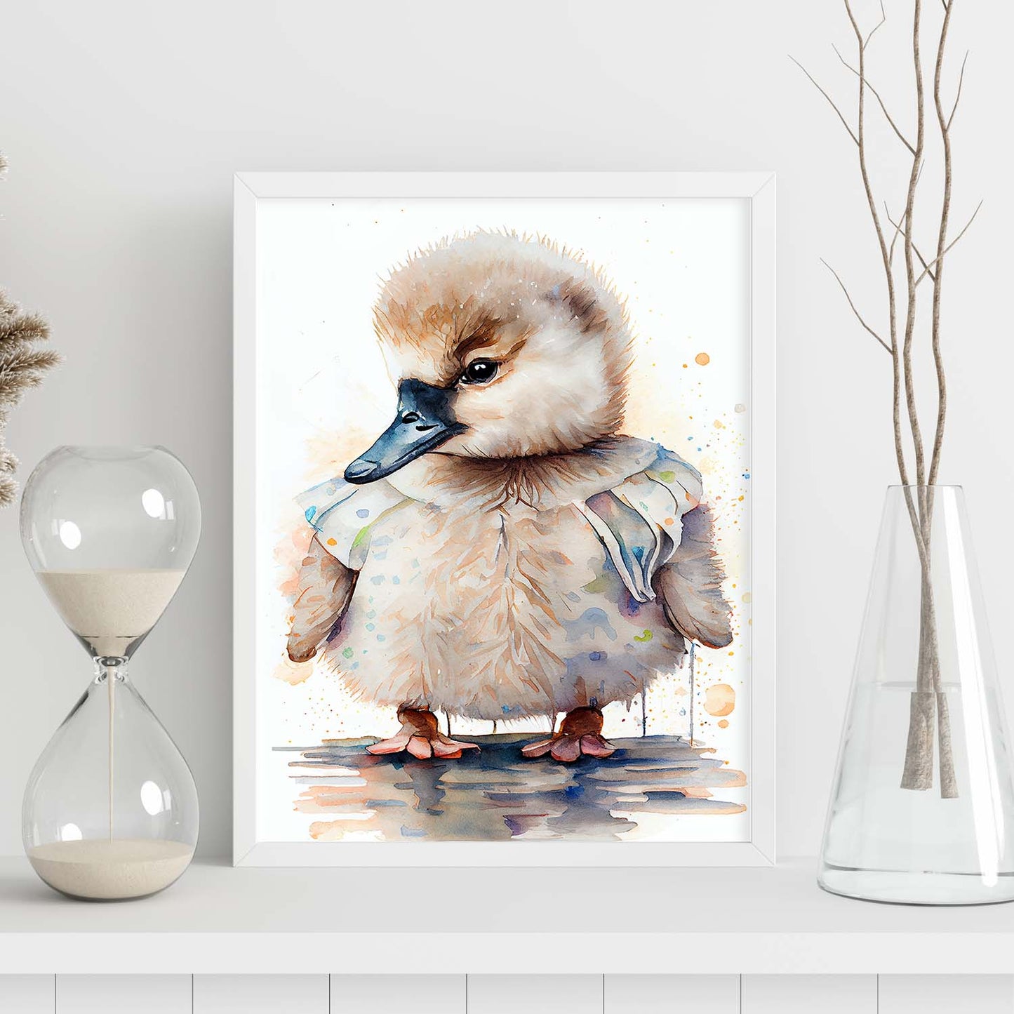 Nacnic baby cygnet sobre fondo blanco sonriendo con algo. Estampados de arte de pared estético para el diseño de dormitorio o sala de estar.-Artwork-Nacnic-Nacnic Estudio SL