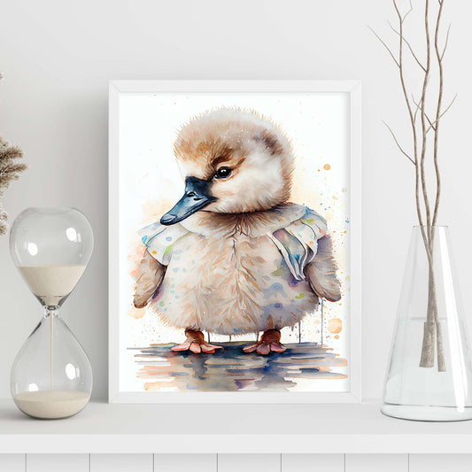 Nacnic baby cygnet sobre fondo blanco sonriendo con algo. Estampados de arte de pared estético para el diseño de dormitorio o sala de estar.-Artwork-Nacnic-Nacnic Estudio SL