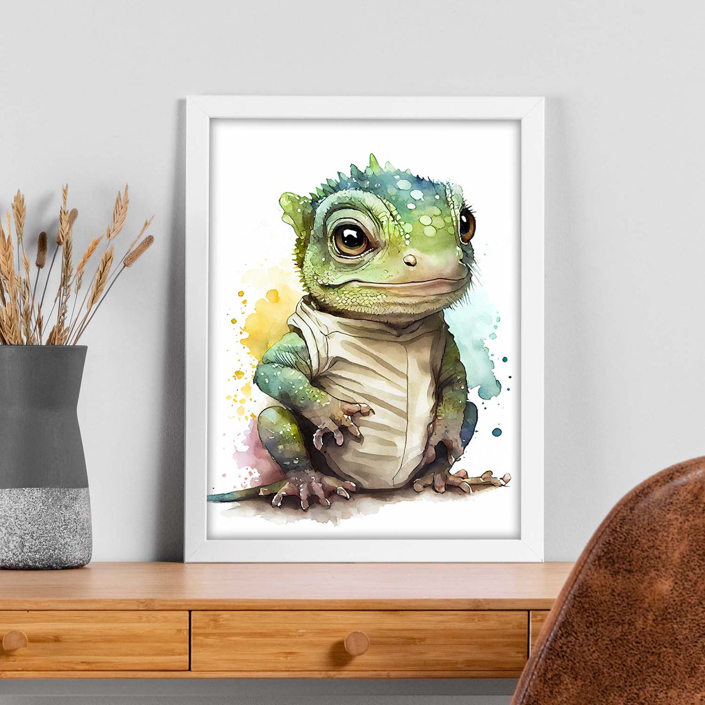 Nacnic baby iguana schatling sobre fondo blanco sonriendo nosotros. Estampados de arte de pared estético para el diseño de dormitorio o sala de estar.-Artwork-Nacnic-Nacnic Estudio SL