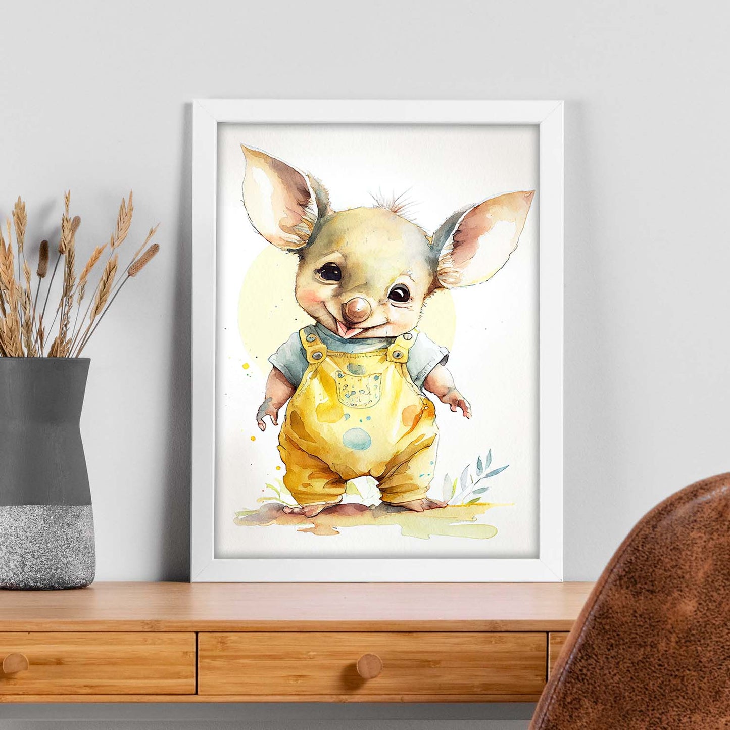 Nacnic Baby Joey sobre fondo blanco sonriendo con un poco de H. Estampados de arte de pared estético para el diseño de dormitorio o sala de estar.-Artwork-Nacnic-Nacnic Estudio SL