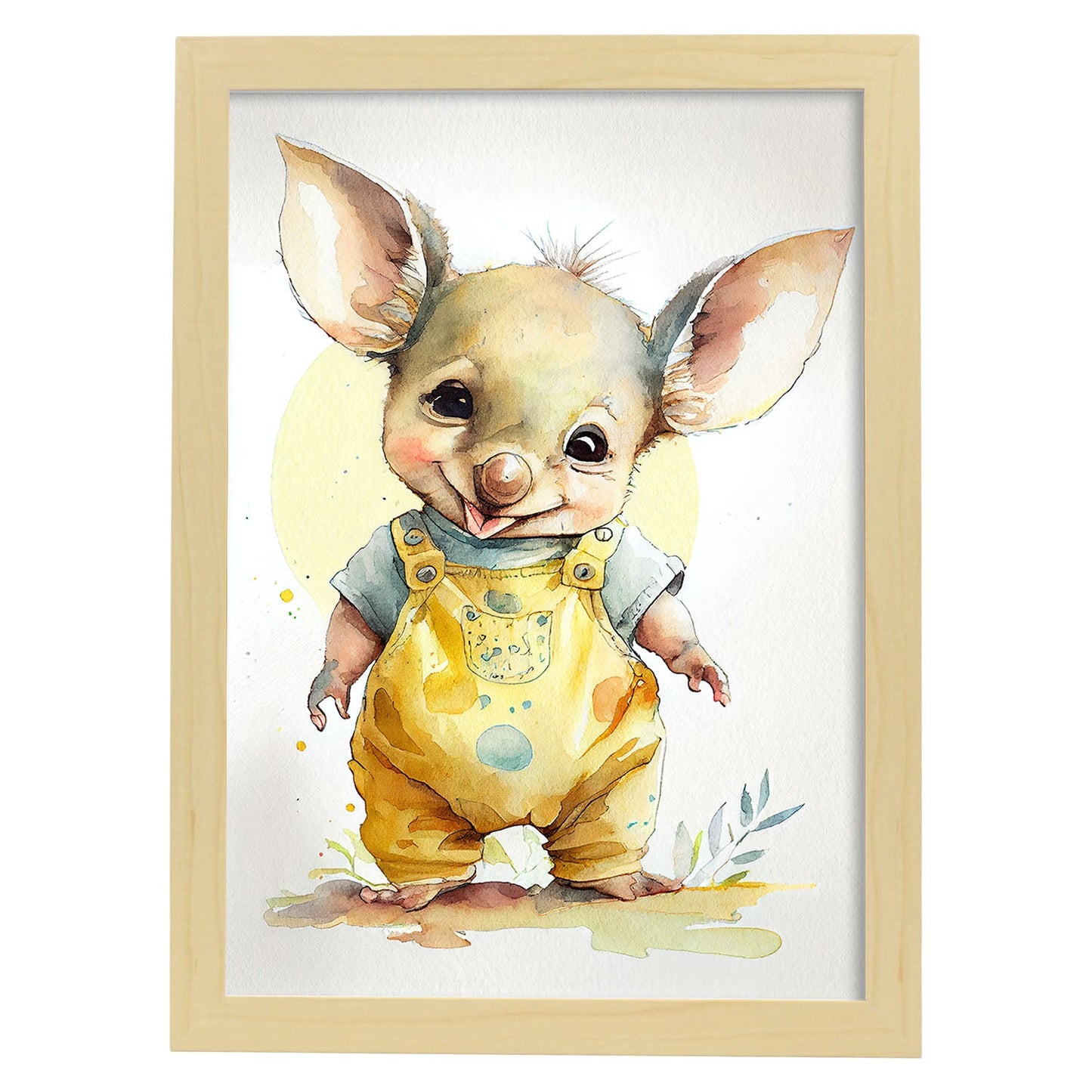 Nacnic Baby Joey sobre fondo blanco sonriendo con un poco de H. Estampados de arte de pared estético para el diseño de dormitorio o sala de estar.-Artwork-Nacnic-A4-Marco Madera clara-Nacnic Estudio SL