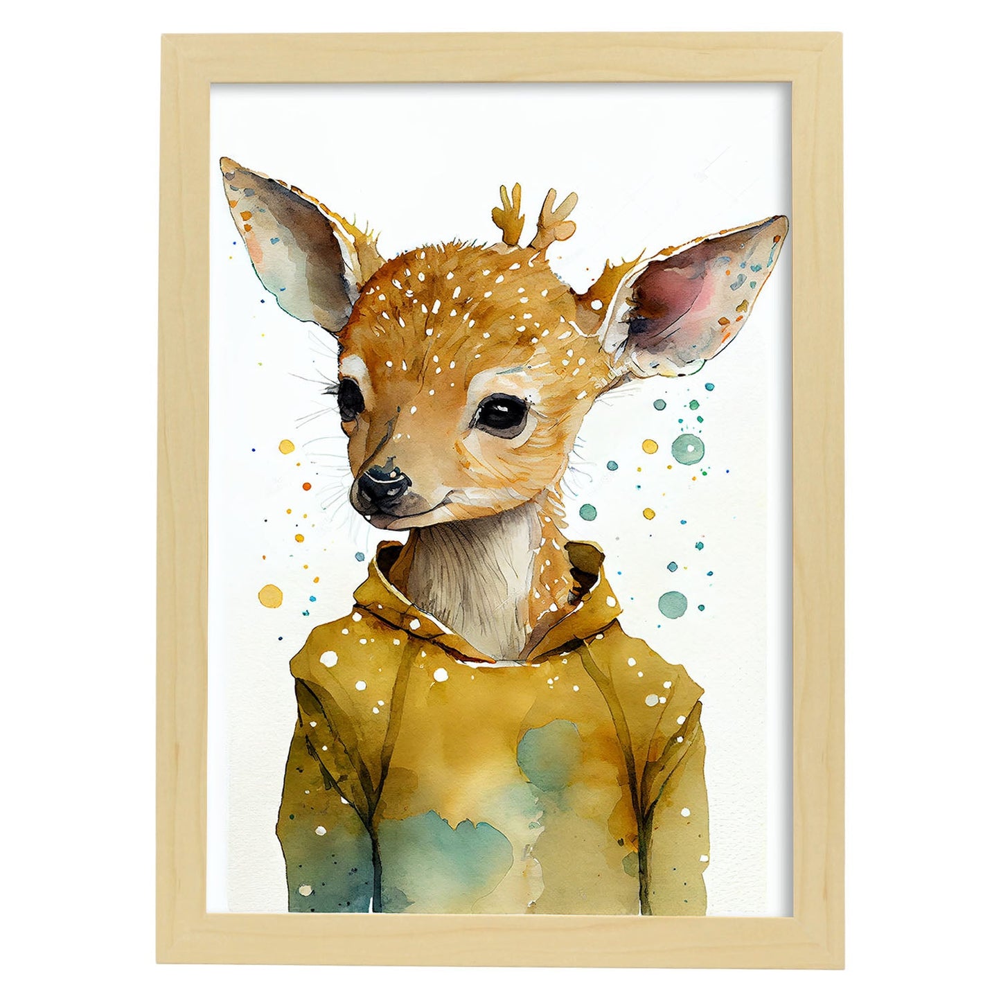 Nacnic Baby Seckel Fawn sobre fondo blanco sonriendo. Estampados de arte de pared estético para el diseño de dormitorio o sala de estar.-Artwork-Nacnic-A4-Marco Madera clara-Nacnic Estudio SL