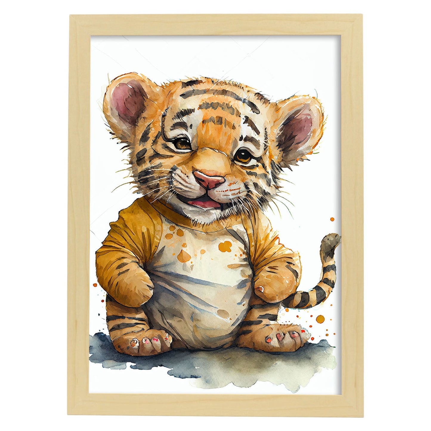 Nacnic Baby Tiger Cub sobre fondo blanco sonriendo con s. Estampados de arte de pared estético para el diseño de dormitorio o sala de estar.-Artwork-Nacnic-A4-Marco Madera clara-Nacnic Estudio SL