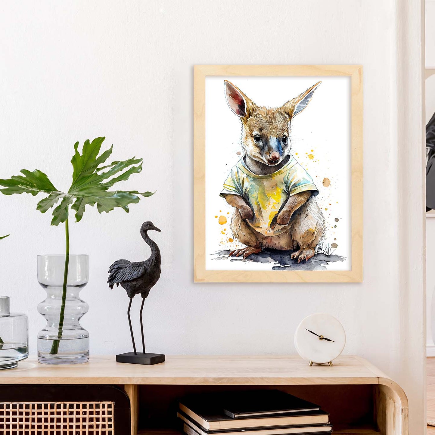 Nacnic Baby Wallaby Joey sobre fondo blanco sonriendo con Wearin. Estampados de arte de pared estético para el diseño de dormitorio o sala de estar.-Artwork-Nacnic-Nacnic Estudio SL