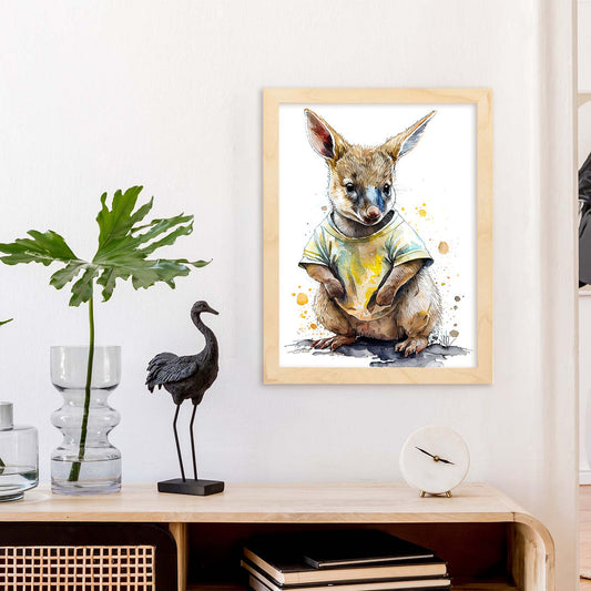 Nacnic Baby Wallaby Joey sobre fondo blanco sonriendo con Wearin. Estampados de arte de pared estético para el diseño de dormitorio o sala de estar.-Artwork-Nacnic-Nacnic Estudio SL