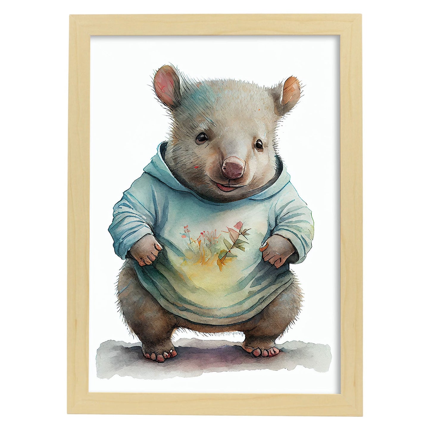 Nacnic baby wombat Joeys sobre fondo blanco sonriendo. Estampados de arte de pared estético para el diseño de dormitorio o sala de estar.-Artwork-Nacnic-A4-Marco Madera clara-Nacnic Estudio SL