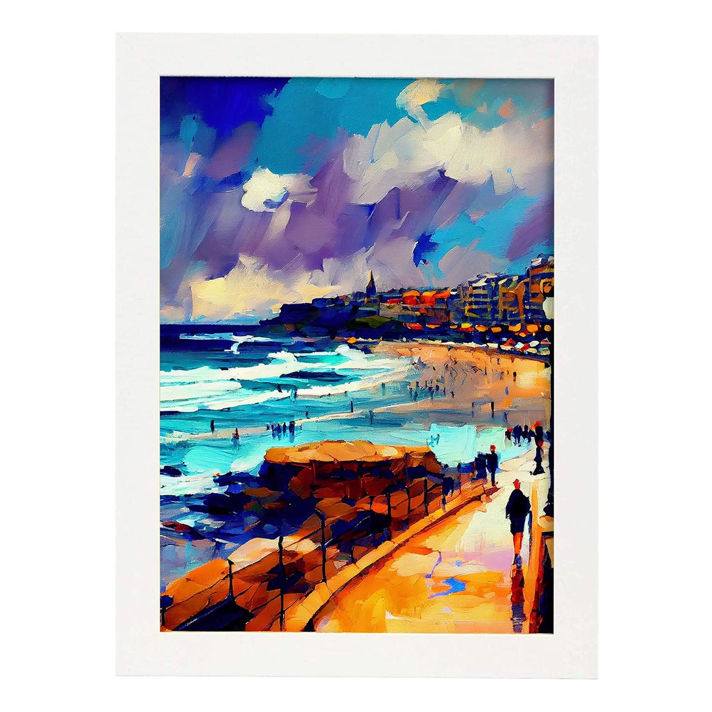 Nacnic Bondi Beach Sydney Australia Pintura al óleo de pincel stro. Estampados de arte de pared estético para el diseño de dormitorio o sala de estar.-Artwork-Nacnic-A4-Marco Blanco-Nacnic Estudio SL