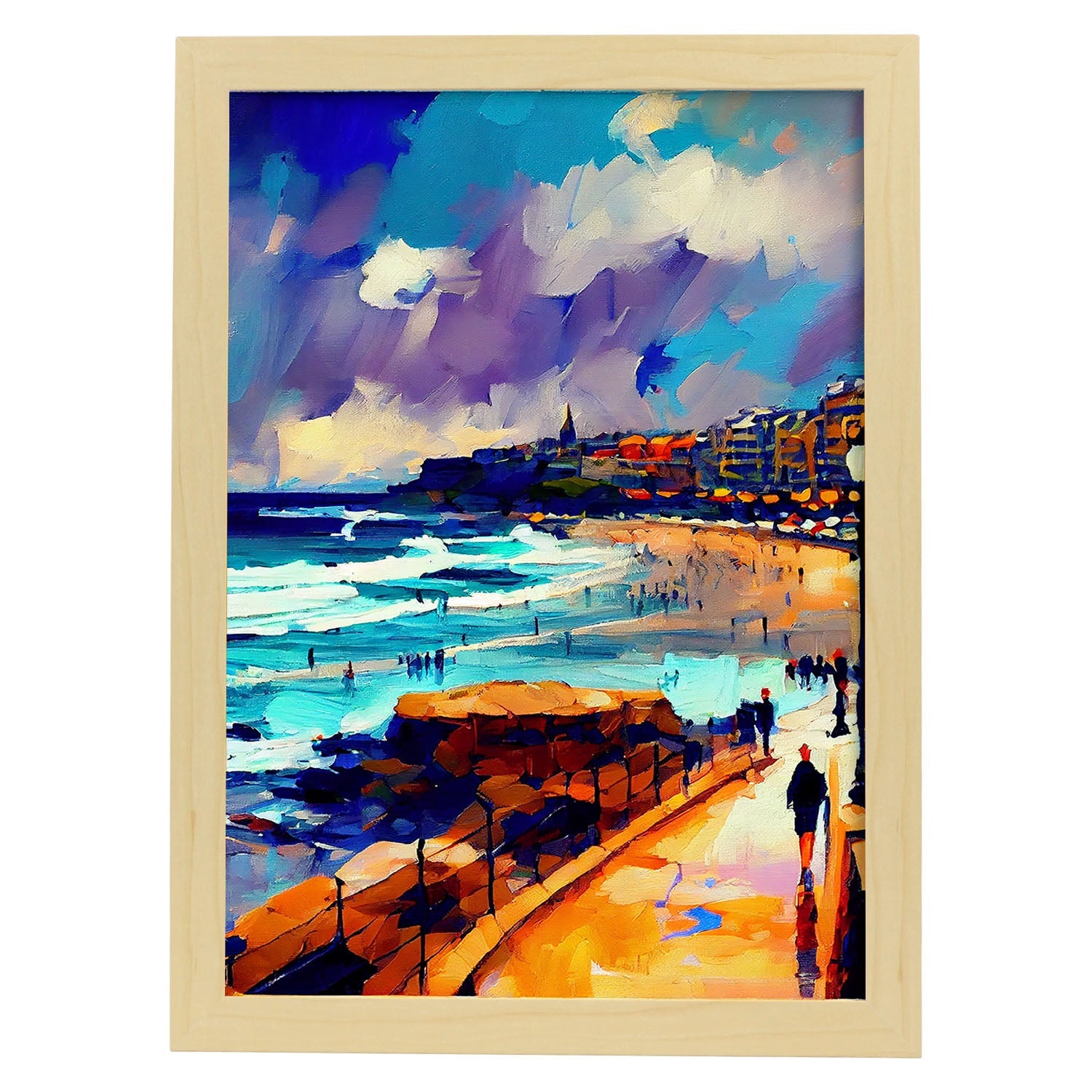 Nacnic Bondi Beach Sydney Australia Pintura al óleo de pincel stro. Estampados de arte de pared estético para el diseño de dormitorio o sala de estar.-Artwork-Nacnic-A4-Marco Madera clara-Nacnic Estudio SL