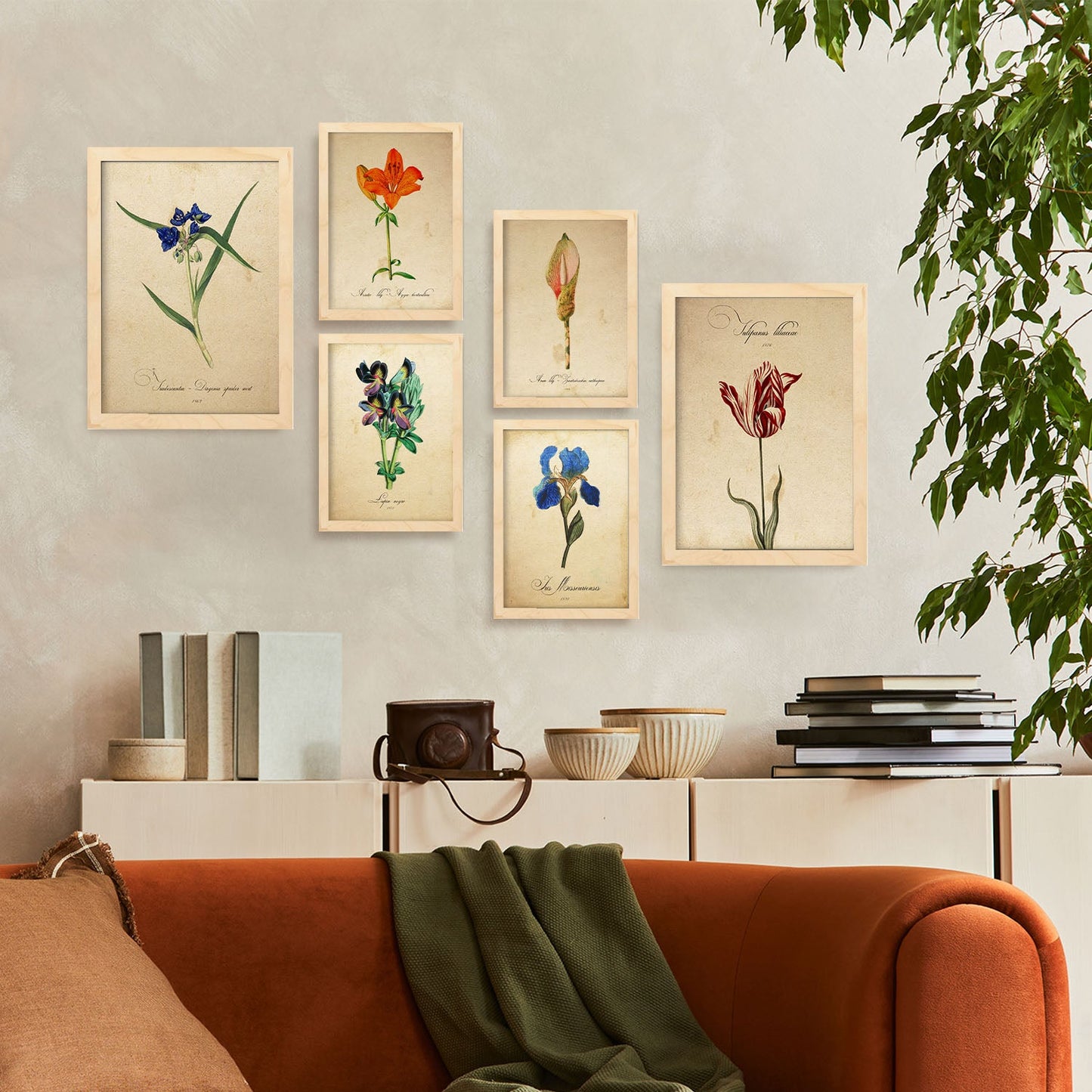Set de 6 láminas botánicas estilo vintage con flores ilustradas en tonos azules, rojos y naranjas sobre fondo envejecido para salón, dormitorio o pasillo, 2 grandes y 4 medianos