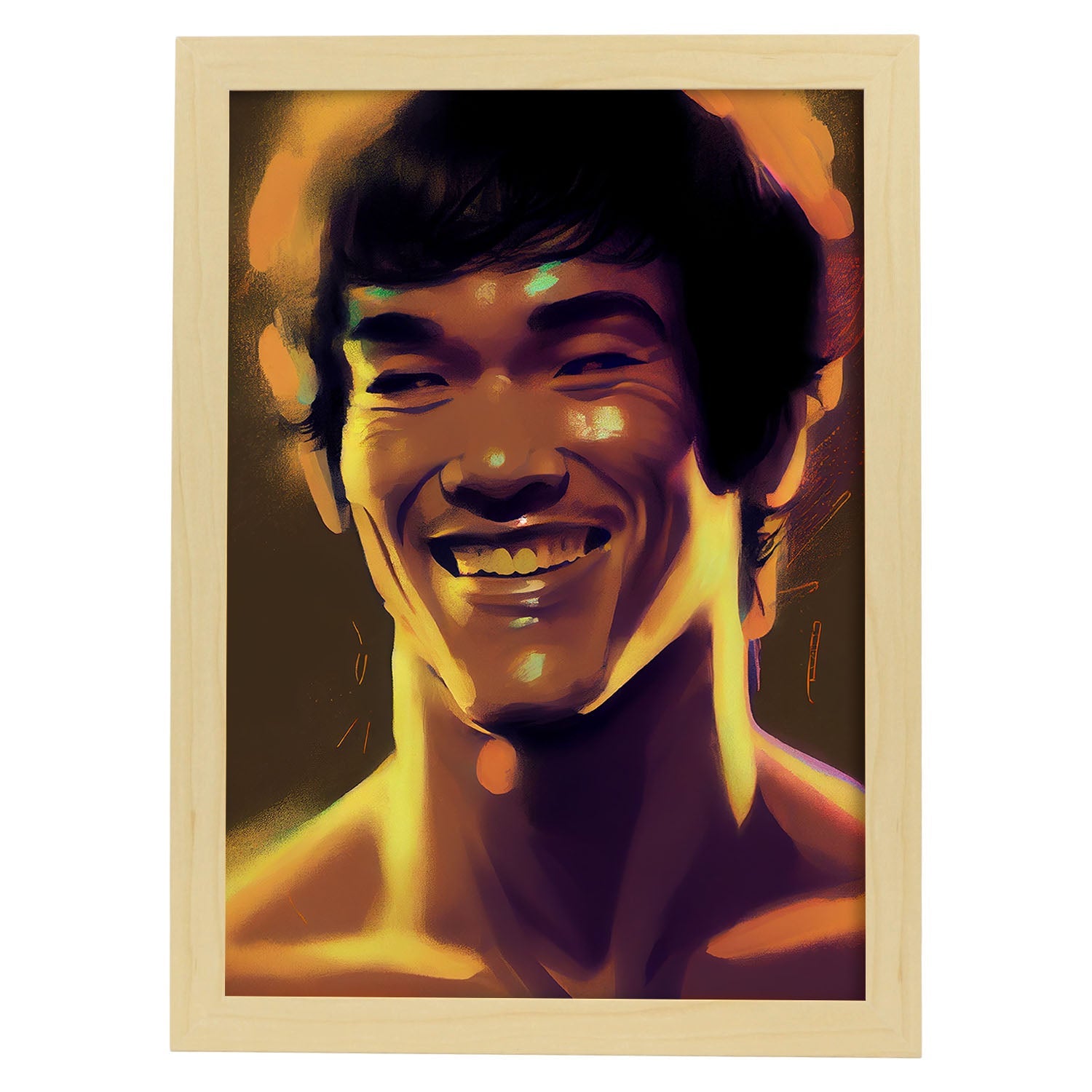 Nacnic Bruce Lee sonriendo al estilo de figura dinámica de estilo Pixar. Estampados de arte de pared estético para el diseño de dormitorio o sala de estar.-Artwork-Nacnic-A4-Marco Madera clara-Nacnic Estudio SL