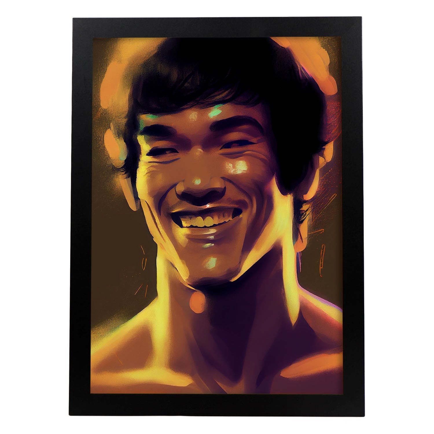 Nacnic Bruce Lee sonriendo al estilo de figura dinámica de estilo Pixar. Estampados de arte de pared estético para el diseño de dormitorio o sala de estar.-Artwork-Nacnic-A4-Sin marco-Nacnic Estudio SL