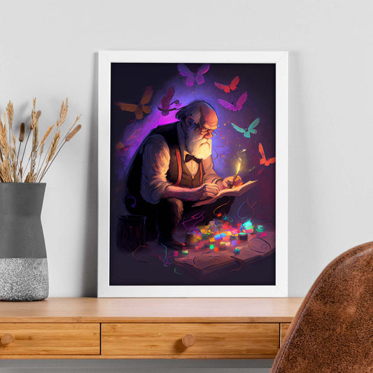 Nacnic Charles Darwin creando sus teorías Pixar Style Dyn. Estampados de arte de pared estético para el diseño de dormitorio o sala de estar.-Artwork-Nacnic-Nacnic Estudio SL