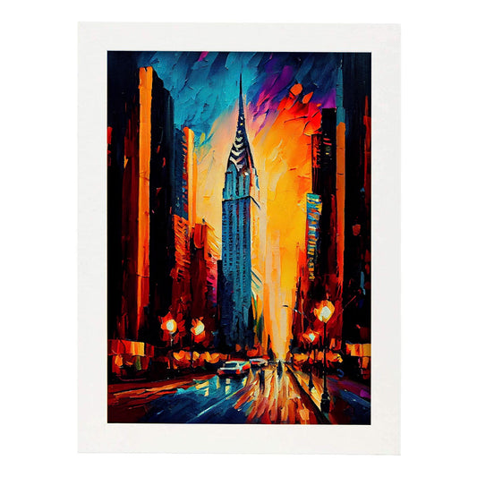 Nacnic Chrysler Building NYC New York USA Pintura al óleo Brus. Estampados de arte de pared estético para el diseño de dormitorio o sala de estar.-Artwork-Nacnic-A4-Marco Blanco-Nacnic Estudio SL