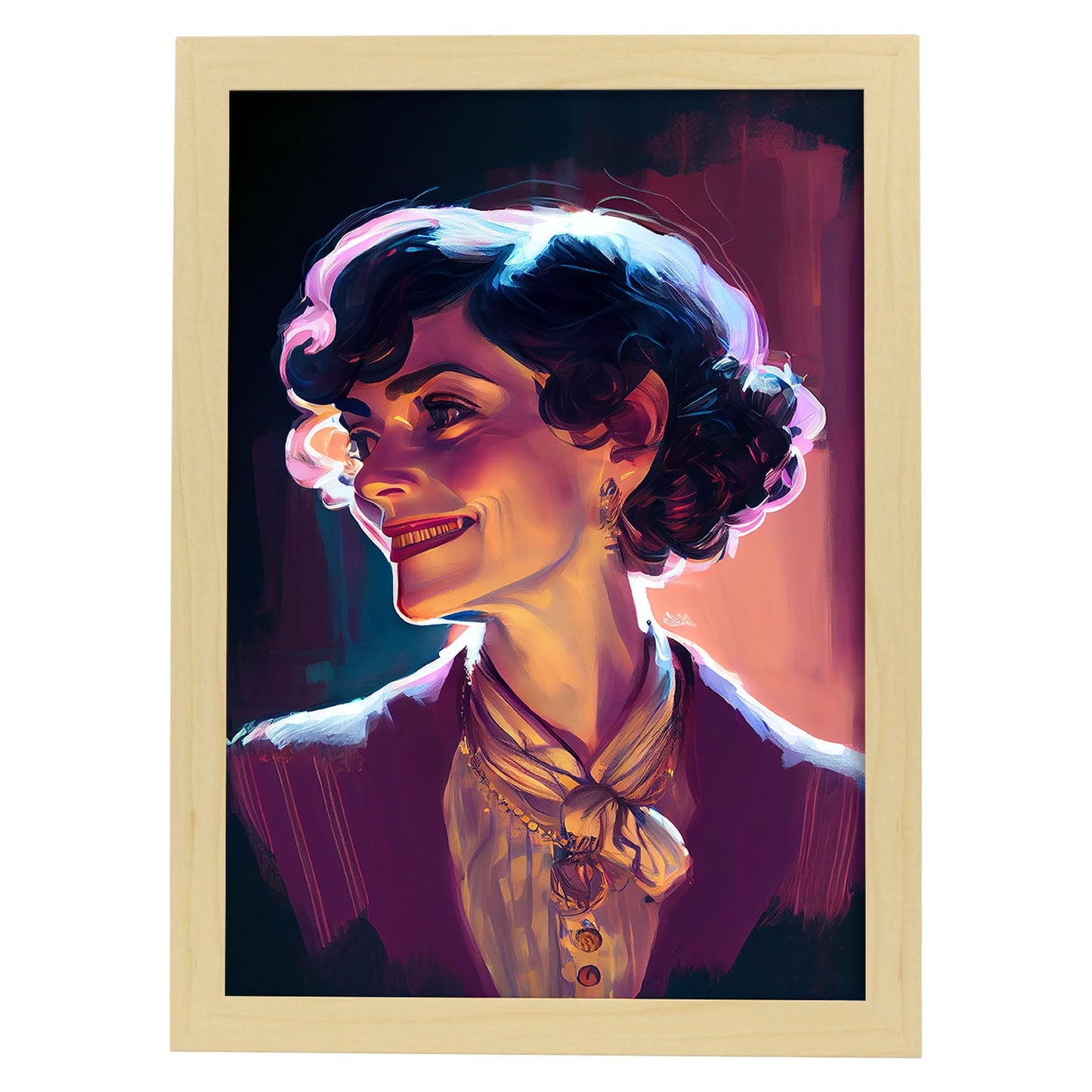 Nacnic Coco Chanel sonriendo Pixar estilo dinámico Drawi. Estampados de arte de pared estético para el diseño de dormitorio o sala de estar.-Artwork-Nacnic-A4-Marco Madera clara-Nacnic Estudio SL