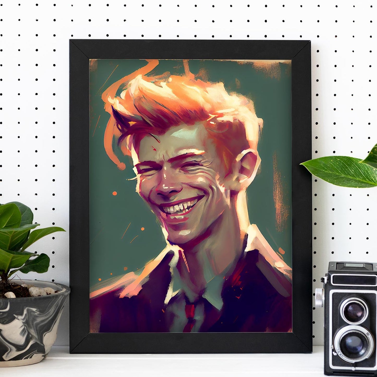Nacnic David Bowie sonriendo a la figura dinámica de estilo Pixar Drawi. Estampados de arte de pared estético para el diseño de dormitorio o sala de estar.-Artwork-Nacnic-Nacnic Estudio SL