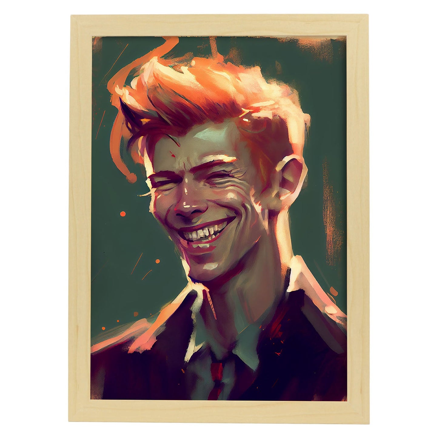 Nacnic David Bowie sonriendo a la figura dinámica de estilo Pixar Drawi. Estampados de arte de pared estético para el diseño de dormitorio o sala de estar.-Artwork-Nacnic-A4-Marco Madera clara-Nacnic Estudio SL