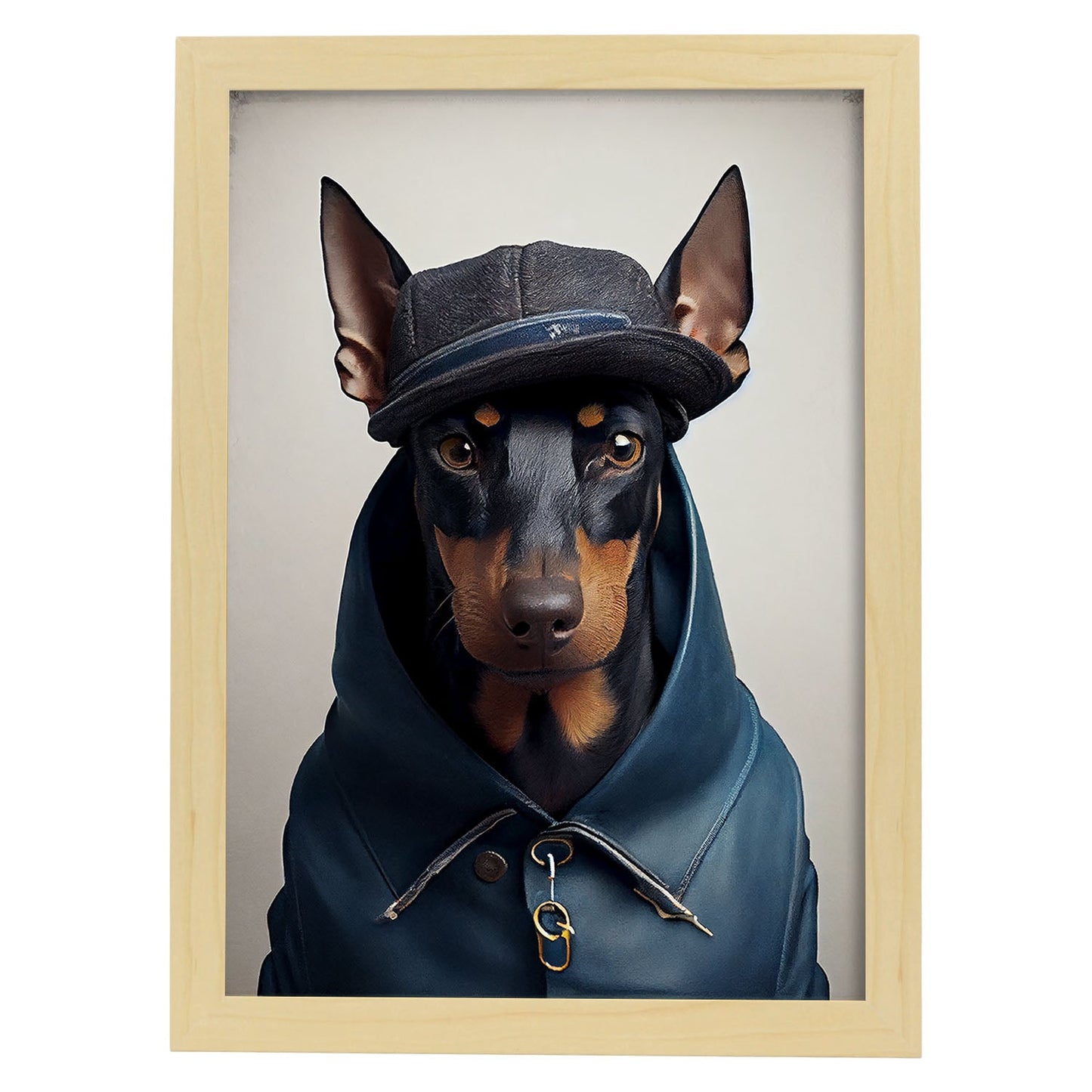 Nacnic Doberman Pinscher disfrazado de humano. Estampados de arte de pared estético para el diseño de dormitorio o sala de estar.-Artwork-Nacnic-A4-Marco Madera clara-Nacnic Estudio SL