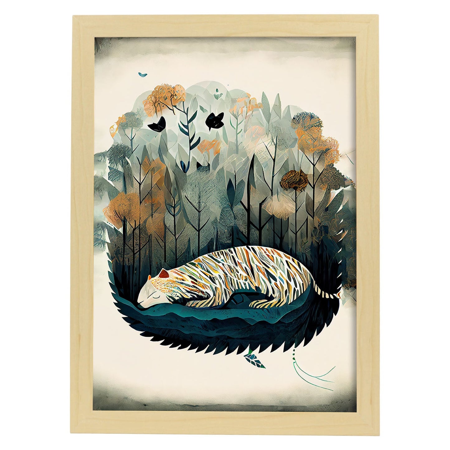 Nacnic Dreing Dreing Fluffy Tiger Precisionism Style. Estampados de arte de pared estético para el diseño de dormitorio o sala de estar.-Artwork-Nacnic-A4-Marco Madera clara-Nacnic Estudio SL