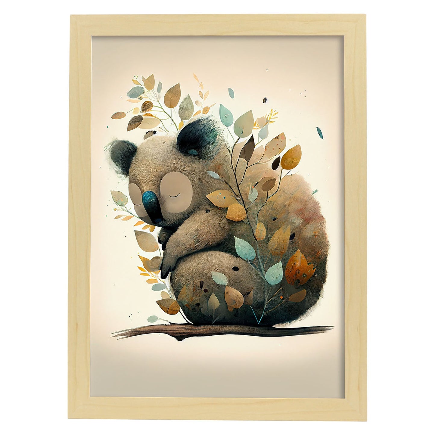 Nacnic Dreing Fluffy Koala Precisionism Style. Estampados de arte de pared estético para el diseño de dormitorio o sala de estar.-Artwork-Nacnic-A4-Marco Madera clara-Nacnic Estudio SL
