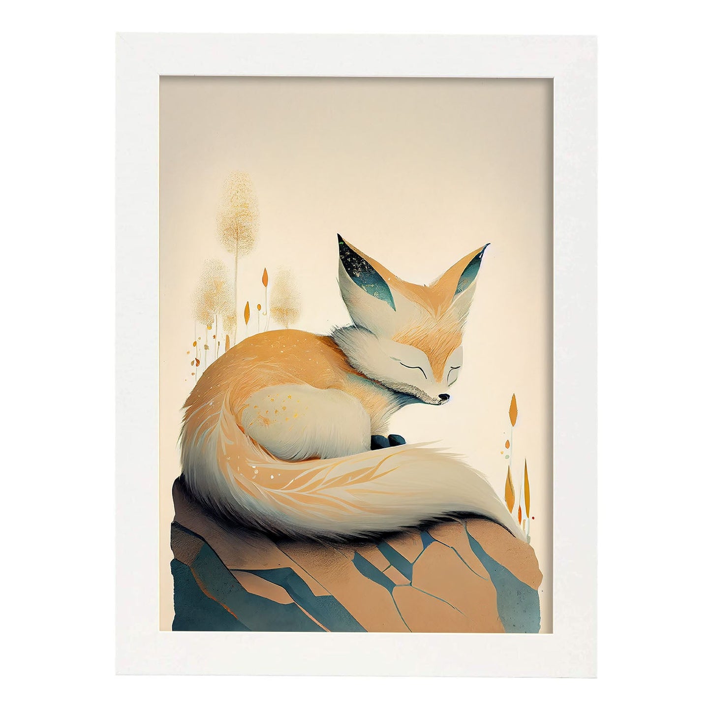 Nacnic duermiendo esponjoso fennec zorro precisionismo. Estampados de arte de pared estético para el diseño de dormitorio o sala de estar.-Artwork-Nacnic-A4-Marco Blanco-Nacnic Estudio SL