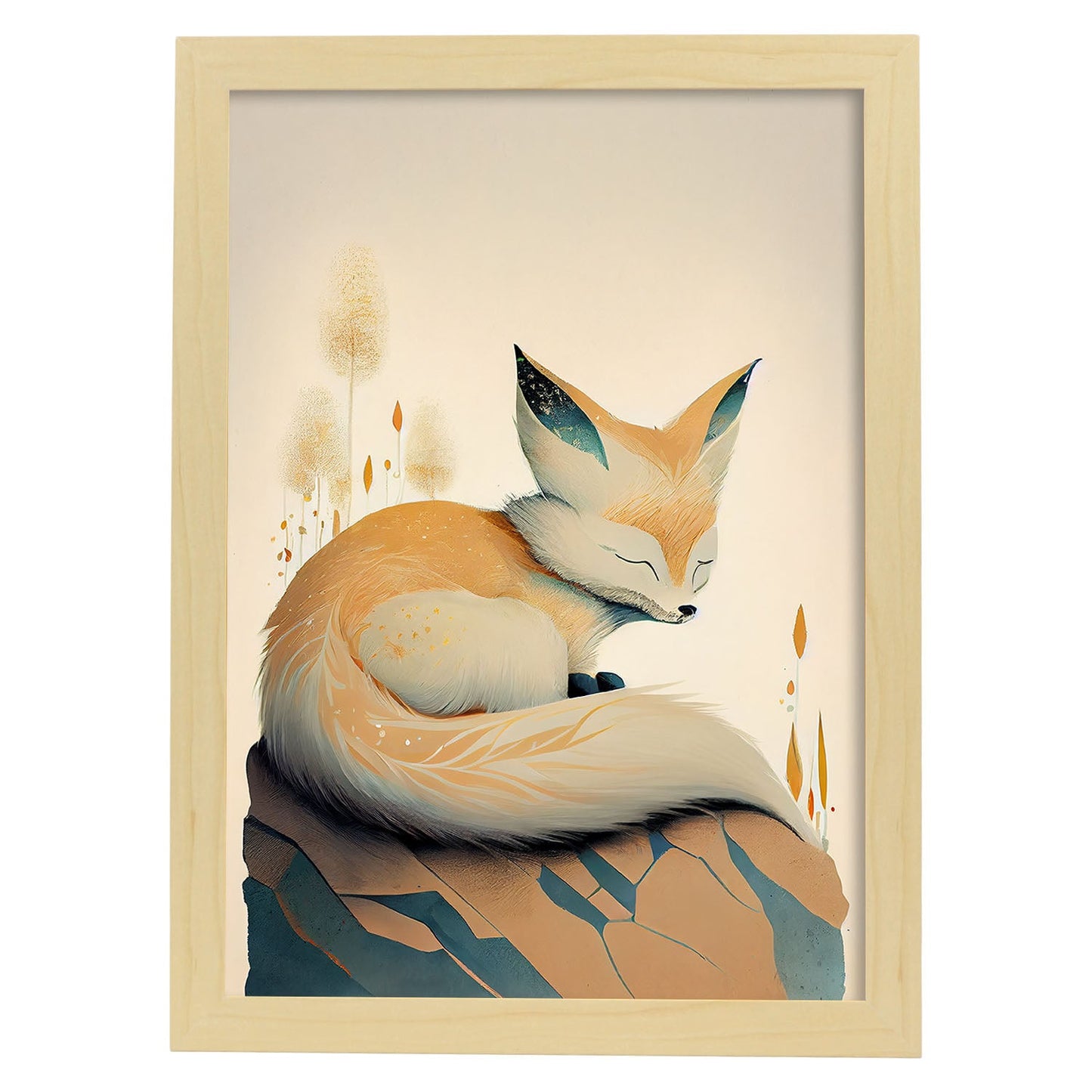 Nacnic duermiendo esponjoso fennec zorro precisionismo. Estampados de arte de pared estético para el diseño de dormitorio o sala de estar.-Artwork-Nacnic-A4-Marco Madera clara-Nacnic Estudio SL