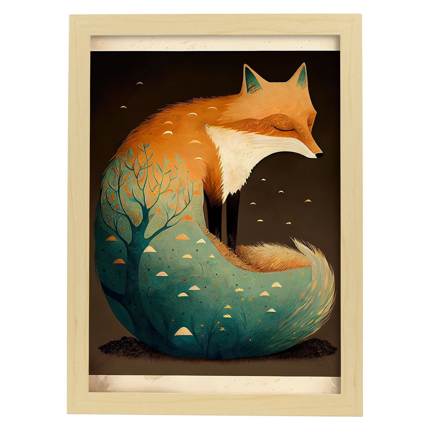 Nacnic Durming Fluffy Fox Precisionism Style Whim. Estampados de arte de pared estético para el diseño de dormitorio o sala de estar.-Artwork-Nacnic-A4-Marco Madera clara-Nacnic Estudio SL