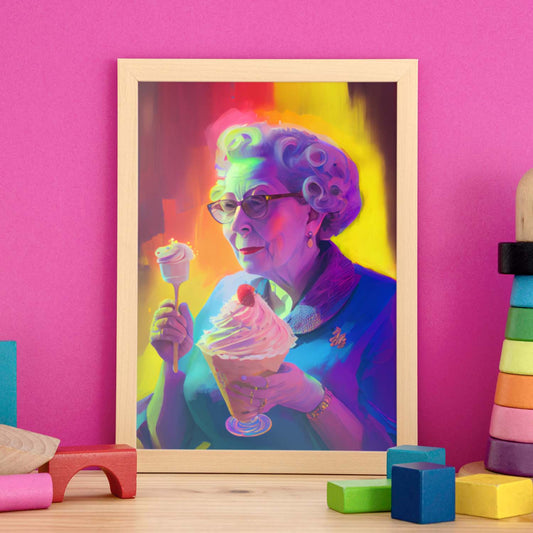 Nacnic Elizabeth II comiendo helado Pixar estilo dinámico FI. Estampados de arte de pared estético para el diseño de dormitorio o sala de estar.-Artwork-Nacnic-Nacnic Estudio SL