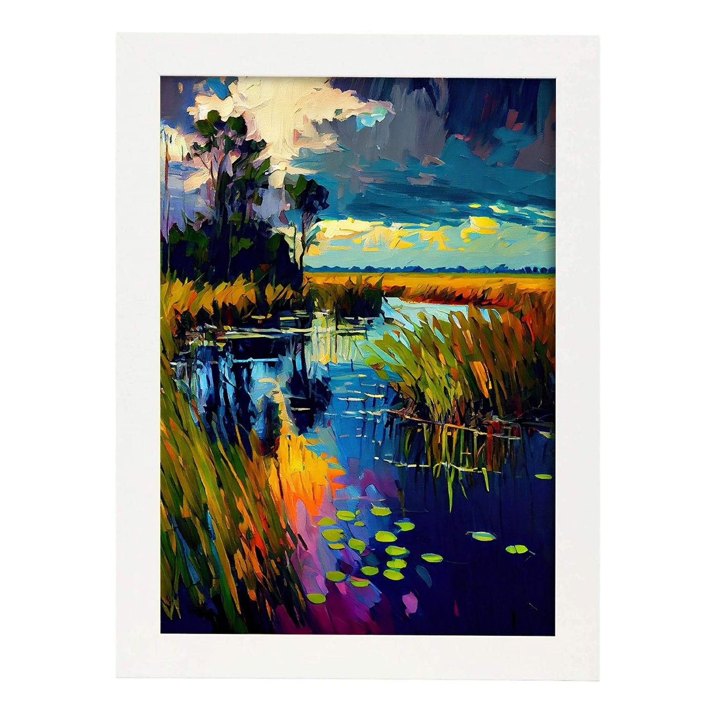 Nacnic Everglades Parque Nacional Florida USA Pintura al óleo Br. Estampados de arte de pared estético para el diseño de dormitorio o sala de estar.-Artwork-Nacnic-A4-Marco Blanco-Nacnic Estudio SL