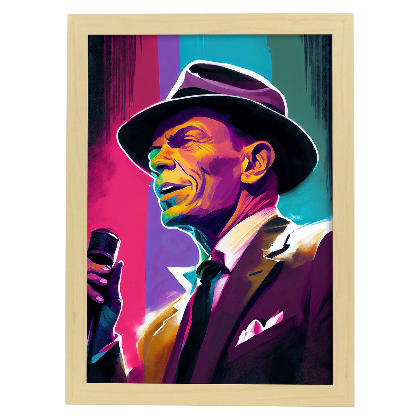 Nacnic Frank Sinatra Singing Pixar Style Dynamic Figura Dra. Estampados de arte de pared estético para el diseño de dormitorio o sala de estar.-Artwork-Nacnic-A4-Marco Madera clara-Nacnic Estudio SL