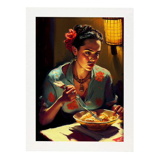 Nacnic frida kahlo comiendo arroz pixar estilo dinámico figura d. Estampados de arte de pared estético para el diseño de dormitorio o sala de estar.-Artwork-Nacnic-A4-Marco Blanco-Nacnic Estudio SL