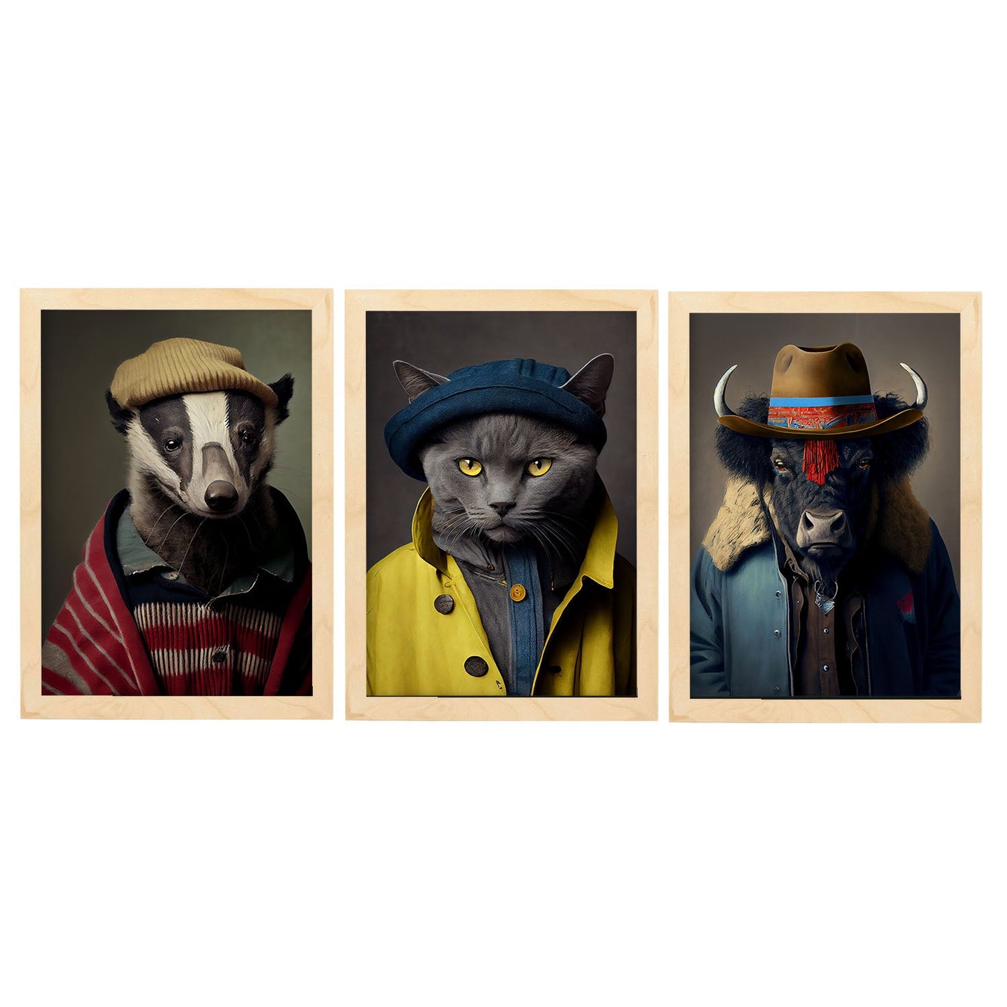 Nacnic Human Animal Badger Bison Chartreux. Estampados de arte de pared estético para el diseño de dormitorio o sala de estar-Artwork-Nacnic-A4-Marco Madera clara-Nacnic Estudio SL