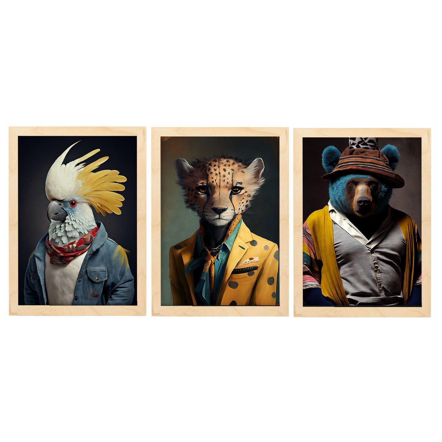Nacnic Human Animal Bear Cheetah Cockatoo. Estampados de arte de pared estético para el diseño de dormitorio o sala de estar-Artwork-Nacnic-A4-Marco Madera clara-Nacnic Estudio SL