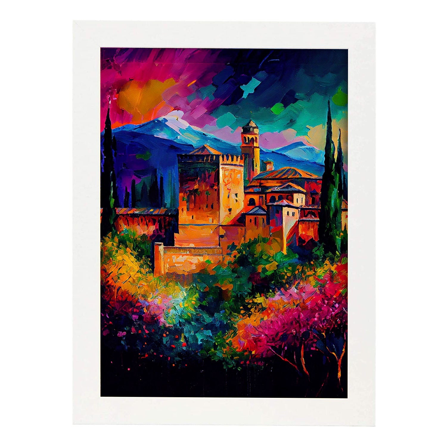 Nacnic La Alhambra Granada España España Pintura al óleo Stroke. Estampados de arte de pared estético para el diseño de dormitorio o sala de estar.-Artwork-Nacnic-A4-Marco Blanco-Nacnic Estudio SL