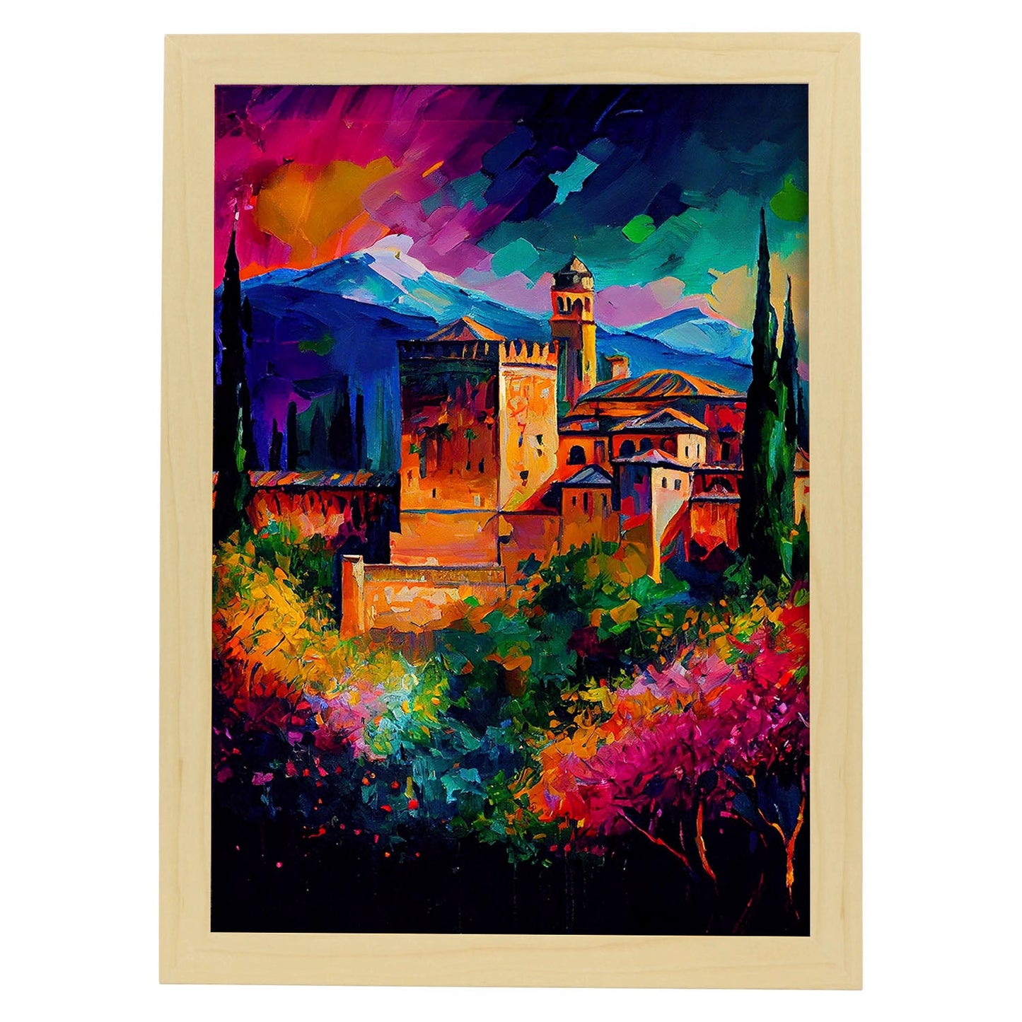 Nacnic La Alhambra Granada España España Pintura al óleo Stroke. Estampados de arte de pared estético para el diseño de dormitorio o sala de estar.-Artwork-Nacnic-A4-Marco Madera clara-Nacnic Estudio SL