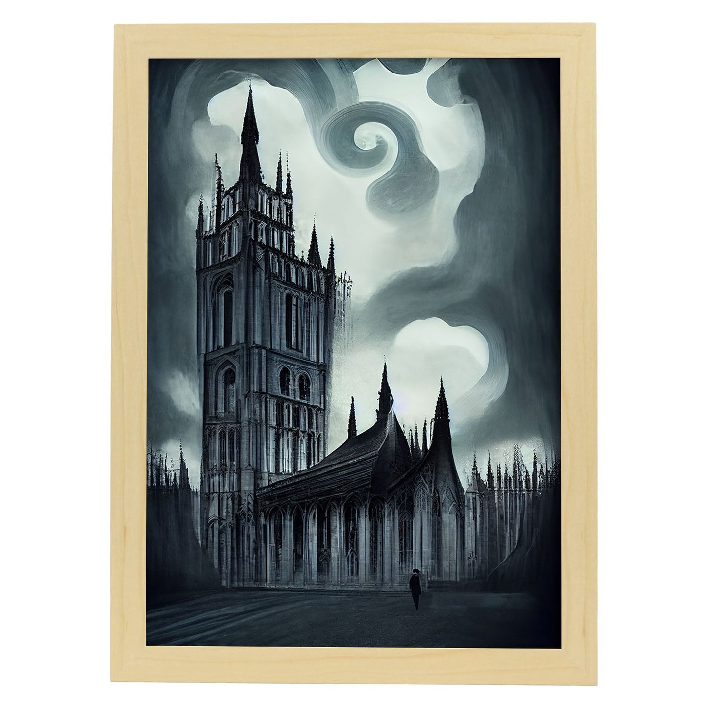 Nacnic Lámina Abadía de Westminster Decidido al estilo de T. Burton. Ilustraciones de monumentos, ciudades, paises inspiradas en arte gótico y oscuro. Diseño y Decoración de Interiores.-Artwork-Nacnic-A4-Marco Madera clara-Nacnic Estudio SL