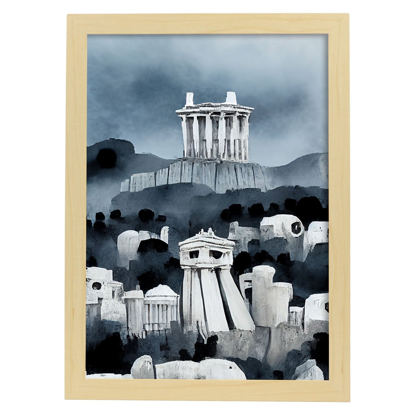 Nacnic Lámina Acrópolis Humilde al estilo de T. Burton. Ilustraciones de monumentos, ciudades, paises inspiradas en arte gótico y oscuro. Diseño y Decoración de Interiores.-Artwork-Nacnic-A4-Marco Madera clara-Nacnic Estudio SL