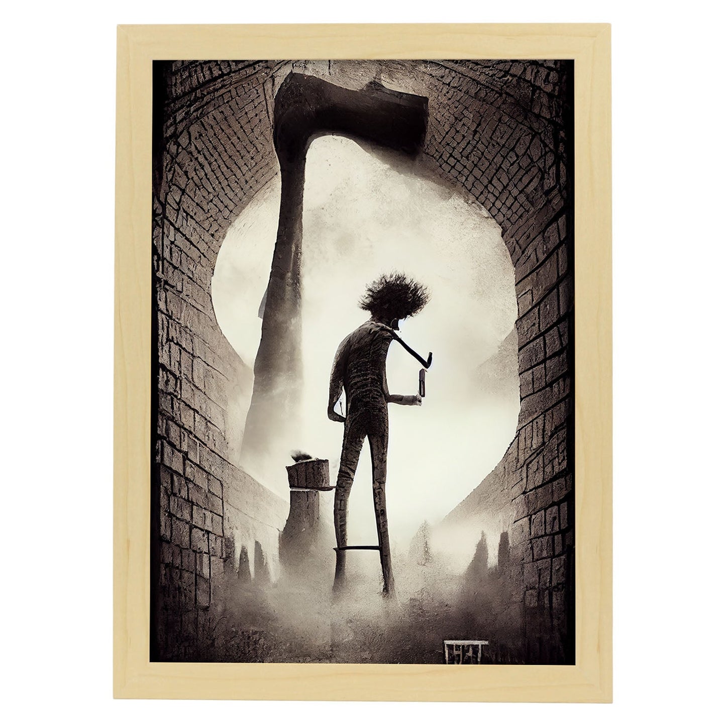 Nacnic Lámina Albañil Cariñoso al estilo de T. Burton. Ilustraciones de profesiones y oficios inspiradas en arte gótico y oscuro. Diseño y Decoración de Interiores.-Artwork-Nacnic-A4-Marco Madera clara-Nacnic Estudio SL