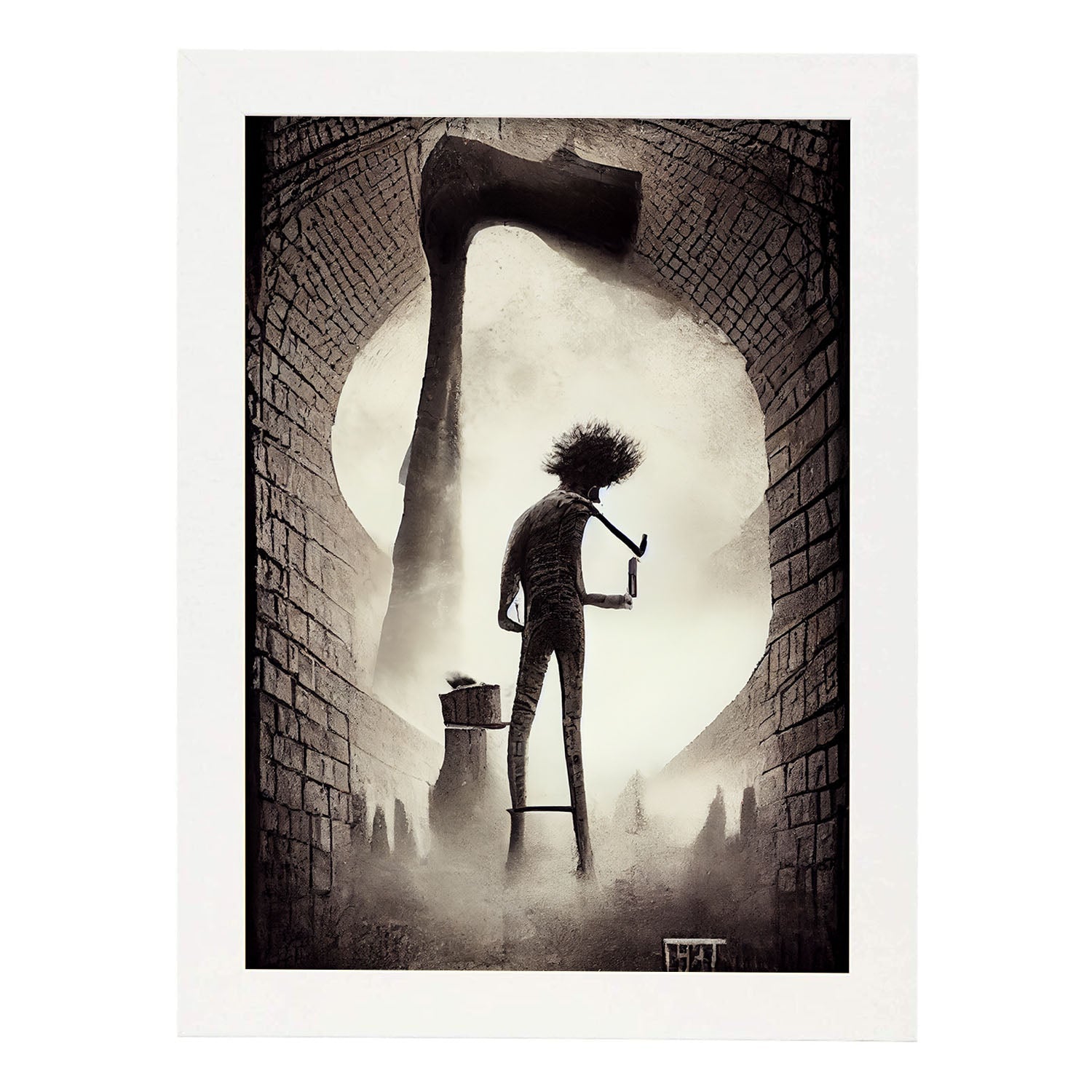 Nacnic Lámina Albañil Cariñoso al estilo de T. Burton. Ilustraciones de profesiones y oficios inspiradas en arte gótico y oscuro. Diseño y Decoración de Interiores.-Artwork-Nacnic-A4-Marco Blanco-Nacnic Estudio SL