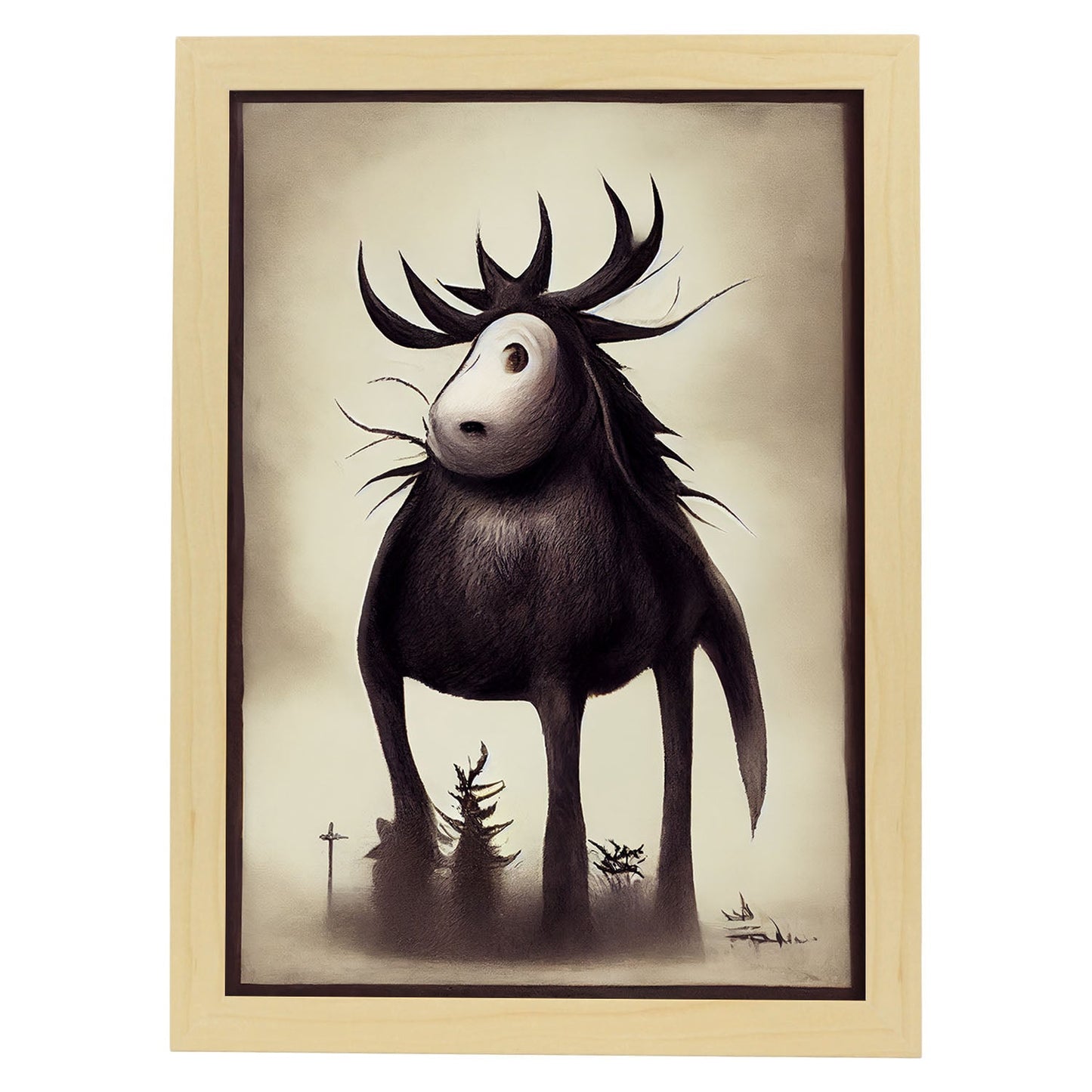 Nacnic Lámina Alce Cooperativo estilo T. Burton. Ilustraciones y pósters de animales inspirados en el arte gótico y oscuro de Burton. Diseño y Decoración de Interiores.-Artwork-Nacnic-A4-Marco Madera clara-Nacnic Estudio SL