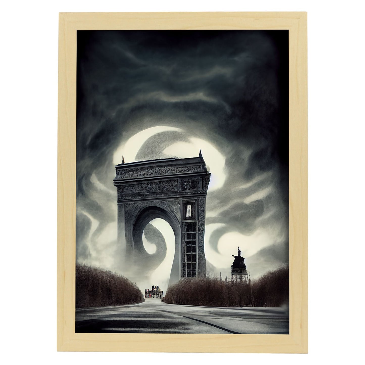 Nacnic Lámina Arco del triunfo Generoso al estilo de T. Burton. Ilustraciones de monumentos, ciudades, paises inspiradas en arte gótico y oscuro. Diseño y Decoración de Interiores.-Artwork-Nacnic-A4-Marco Madera clara-Nacnic Estudio SL